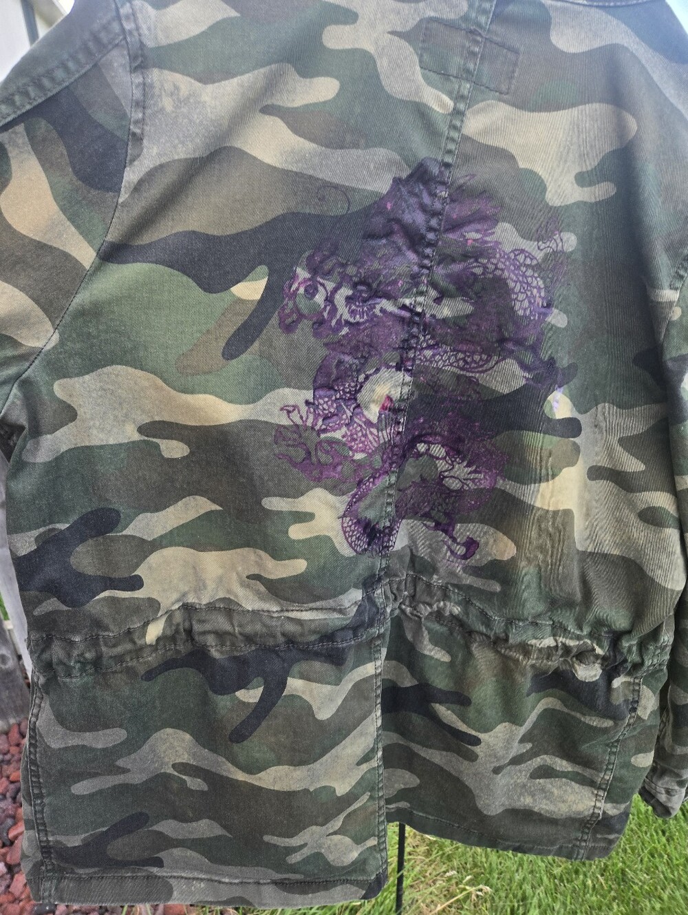 “Camouflage Dragon Jacket – Boho Streetwear Statement Piece, Artistic Upcycled - Picture 9 of 11